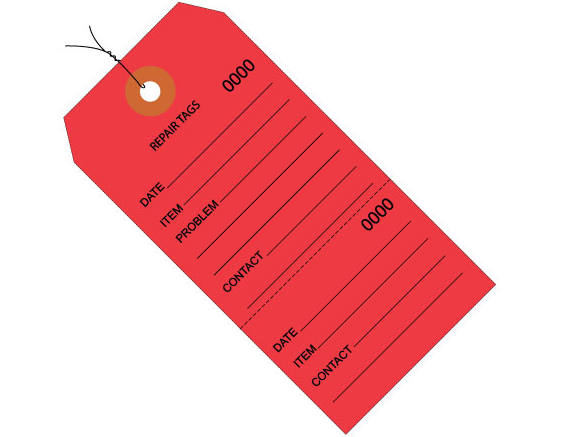 Repair Tags, 4 3/4&quot; x 2 3/8&quot;,
Consecutively Numbered,
Pre-Wired, Red, 1000/cs